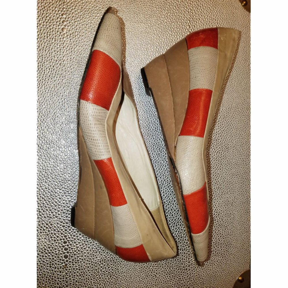Vtg 80s Leather Peep Toe Wedge Italy Shoes 38